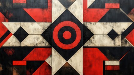 Poster - patterned in abstract geometric shapes with red and black accents