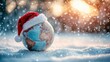 © peppastocker - A globe wearing a Santa hat against a snowy background, capturing the festive spirit of Christmas around the world