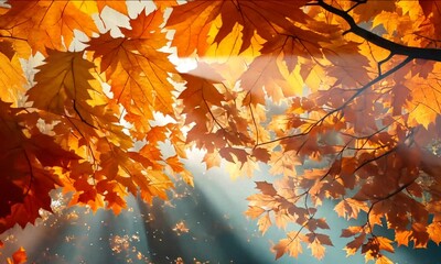 Wall Mural - a serene scene of sunlight filtering through orange autumn leaves, creating a warm and peaceful atmo