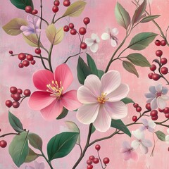  Bright floral arrangement with pink and white blossoms and red berries against a soft pink background