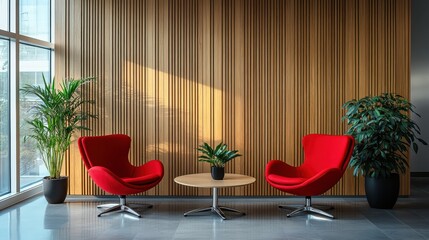 Modern office waiting area with red chairs, wooden wall, and a small table.