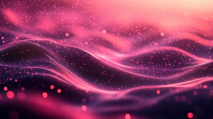 Poster - the background features waves of pink and red hues with glowing particles and a soft bokeh effect.