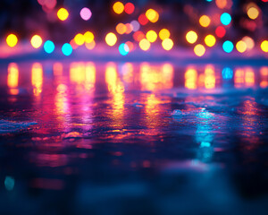 Poster - Colorful bokeh lights reflecting on frozen surface create festive atmosphere