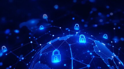 Poster - Global Network Security Concept with Earth and Glowing Lines Representing Internet Connections and Padlock Icons Highlighting Cybersecurity and Data Protection