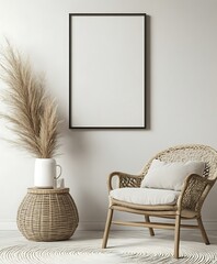 Poster - A minimalist interior featuring a framed empty canvas, a cozy wicker chair, a decorative plant, and a textured rug, creating a serene atmosphere.