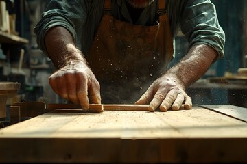 Wall Mural - A man works in a woodworking shop, working on a board