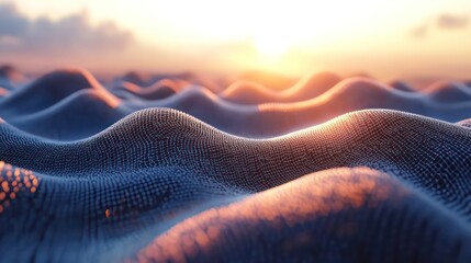 Poster - Sunset over a digital landscape of undulating waves.