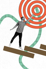 Aufkleber - Vertical image collage young man achieve goal aim target accomplishment progress improvement ambition drawing background