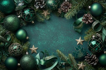 Sticker - A top-down shot of green Christmas tree balls, small shiny stars, golden star-shaped confetti, serpentine, and sequins on a green background with space for copy.