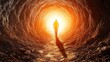 © pkproject - Lone Figure Walks Towards Glowing Light at End of Dark Tunnel,Symbolizing Hope and Transformation
