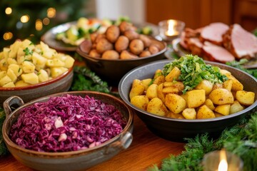 Wall Mural - A snug scene of a classic Danish dinner table adorned with roast pork, caramelized potatoes, and red cabbage, while candles cast a warm glow.