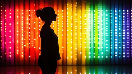 Poster - a silhouette of a person standing in profile against a vibrant wall of colorful lights, embodying co