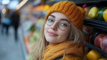 Wall Mural - Portrait of relaxed young woman with the background of supermarket grocery store