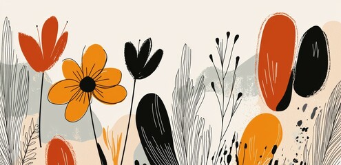 Wall Mural - a set of flowers in continuous outline style. botanical floral decoration, one-line blossom art for 