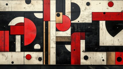 Poster - patterned in abstract geometric shapes with red and black accents
