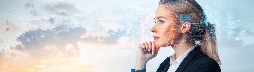 Poster - A thoughtful businesswoman with a digital overlay gazes into the distance, symbolizing innovation and strategic thinking.