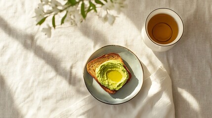 Wall Mural - A light breakfast setup with whole-grain toast, avocado spread, and a drizzle of heart-healthy oil, paired with a cup of tea 