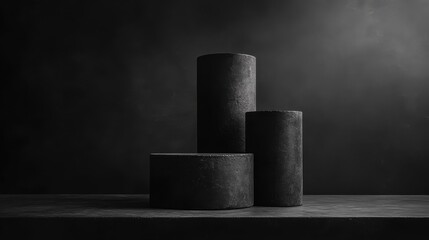 Wall Mural - Abstract composition of dark cylindrical objects layered on a muted black surface in a minimalist style