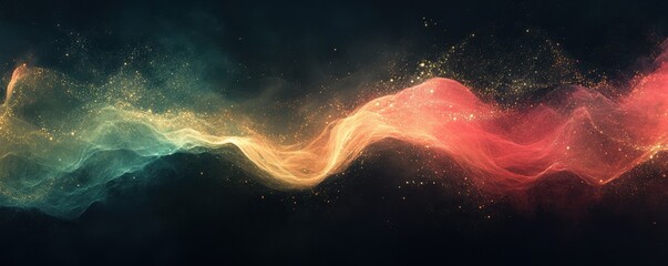 Wall Mural - grainy abstract background with a bright pink, olive, and gold glowing color wave on a black dark ba