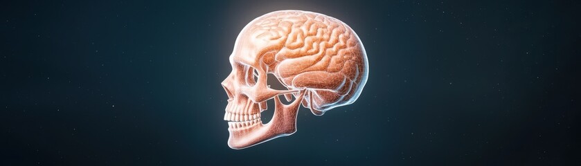 Poster - A 3D illustration of a human skull with a visible brain, set against a dark background, highlighting the relationship between anatomy and neuroscience.