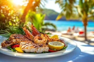 Wall Mural - A welcoming seafood banquet on a sandy beach table, showcasing grilled fish, calamari, and shellfish, accompanied by lemon wedges and a fresh salad, capturing the essence of Sardinian coastal