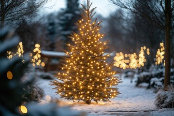 Poster - Christmas tree shining in snowy garden at twilight