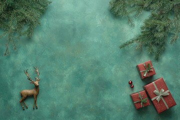 Sticker - **Seasonal Celebration Workshop: Aerial shot of attractive craft gift boxes, a rustic wooden decoration, pine cones, mistletoe berries, and frosty spruce twigs on a green surface, leaving room for