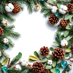 Aufkleber - Watercolor christmas frame with fir branches, pine cone, cotton, leaves isolated on white background. Botanical winter greenery holiday illustration for wedding invitation card