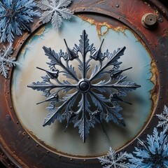 Wall Mural - Large Metal Snowflake Ornament on Rustic Background for Holiday Decor