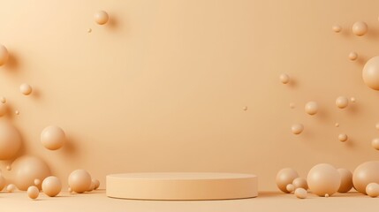 Poster - A minimalist, beige backdrop featuring a circular pedestal surrounded by floating spheres, creating a clean and modern aesthetic.