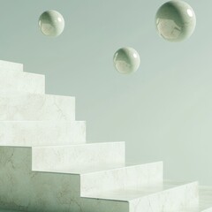 Poster - A minimalist scene featuring floating spheres above a set of white stairs, evoking a sense of serenity and abstraction in a soft green environment.