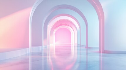 Poster - A serene corridor with soft, pastel colors and archways, creating a calming, dreamlike atmosphere reflective of modern design.