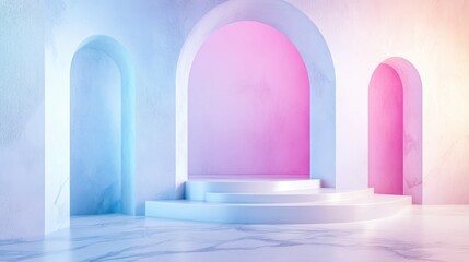 Poster - A modern, pastel-colored interior with arched structures and a circular platform, creating a serene and artistic ambiance.