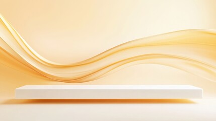 Poster - A smooth, minimalist display platform against a soft yellow backdrop with flowing lines, evoking a serene and modern aesthetic.