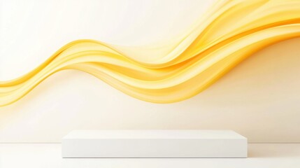 Poster - A minimalist scene featuring a smooth yellow wave design on a light background, with a simple white platform below it.
