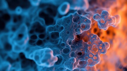 Poster - A vivid, abstract close-up of intricate, bubble-like structures in blue and orange hues, resembling microscopic cellular formations.