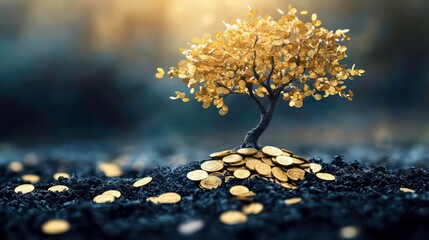 Aufkleber - A background with a growing tree made of gold coins symbolizing financial growth.