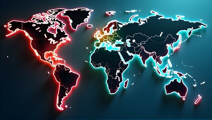 Poster - a mesmerizing neon glow illuminates a 3d world map, showcasing continents in vibrant, contrasting co