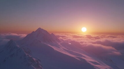 Aufkleber - Golden rays break over snow-capped peaks as the sun rises in a spectacular display. The landscape is bathed in warm tones, creating a serene morning atmosphere