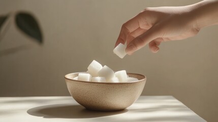 Poster - Woman's hand lifts a sugar cube from a bowl, promoting healthy habits and awareness about sugar consumption
