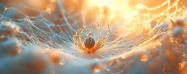 close-up of a spider sitting at the center of its intricately woven web, glistening in the soft sunlight