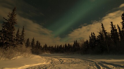 Winter Night Aurora Borealis in a Snowy Forest