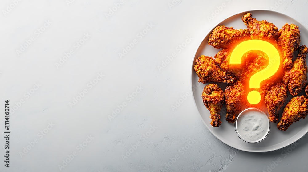 Spicy chicken wings with a question mark, served with sauce. Stock ...