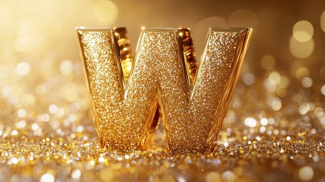 3D rendering of a shiny gold letter W on a sparkling golden background, perfect for luxury branding or artistic displays