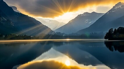 Wall Mural - Serene Sunrise Over Tranquil Lake Rays of Light Reflecting on Majestic Mountains, Creating Peaceful Nature Landscape.