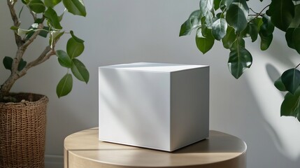 Wall Mural - Minimalist White Cube on Wooden Table with Greenery