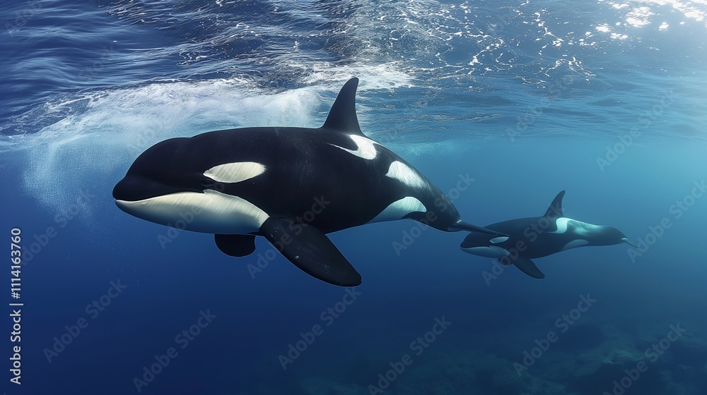 A pod of orcas swimming gracefully in the open ocean, their black and ...
