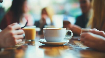 Group of business professionals having a casual meeting, discussing ideas over coffee, modern corporate office, teamwork, collaboration.