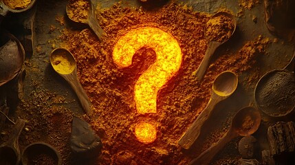 Wall Mural - Glowing question mark in turmeric powder surrounded by wooden spoons and spices.