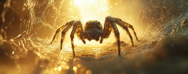 close-up of a spider sitting at the center of its intricately woven web, glistening in the soft sunlight
